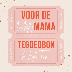 Moederdagkaart tegoedbon met roze tickets en gouden confetti