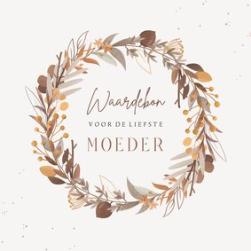 Moederdagkaart waardebon met krans bladeren bloemen kruisje