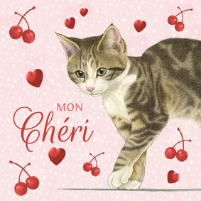 Mon chéri valentijnskaart met kitten, hartjes en kersen