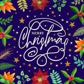 Mooie kerstkaart met tekst krullen sterren en kersttakjes