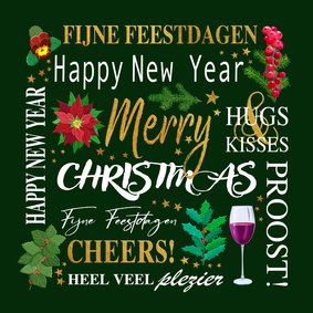 Mooie kerstkaart met teksten. takjes, bloemen, wijn en ster