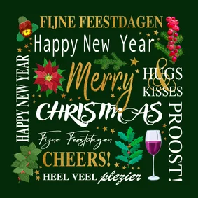 Mooie kerstkaart met teksten. takjes, bloemen, wijn en ster