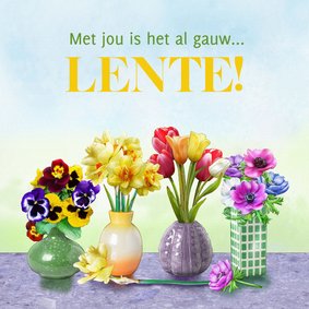 Mooie verjaardagskaart vaasjes met getekende bloemen