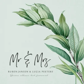 Mr and Mrs trouwkaart botanisch groen bladeren stijlvol