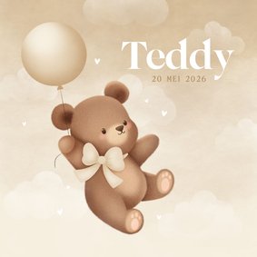 Neutraal geboortekaartje lief beertje aan ballon met strik