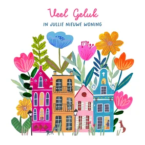 Nieuwe woning kaart kleurrijke huisjes bloemen geluk