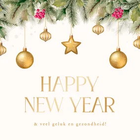 Nieuwjaarskaar hulst kerstballen happy new year goud