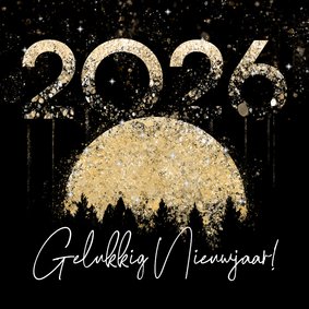 Nieuwjaarskaart 2026 goud maan en bos