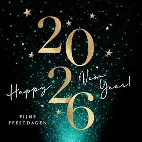 Nieuwjaarskaart 2026 in goud en vuurwerk