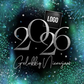 Nieuwjaarskaart 2026 vuurwerk zakelijk zilver sterren logo