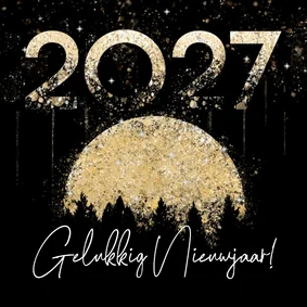 Nieuwjaarskaart 2027 goud maan en bos