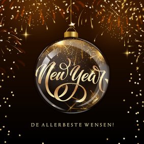 Nieuwjaarskaart chique goud vuurwerk kerstornament met tekst