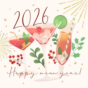 Nieuwjaarskaart cocktails en vuurwerk cheers 2027