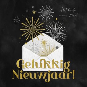 Nieuwjaarskaart envelop vuurwerk goud sterren 2025