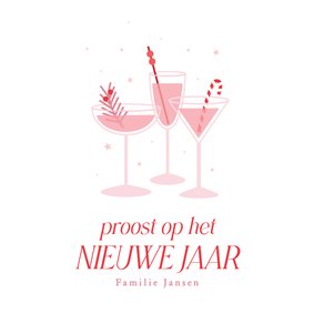 Nieuwjaarskaart glaasjes cocktails in wit roze en rood