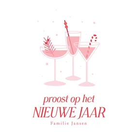 Nieuwjaarskaart glaasjes cocktails in wit roze en rood