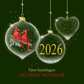 Nieuwjaarskaart glasballen met kardinaalsvogel