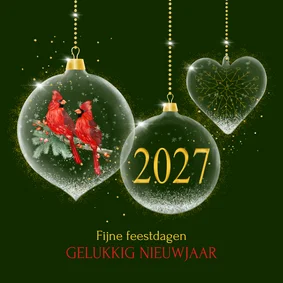 Nieuwjaarskaart glasballen met kardinaalsvogel