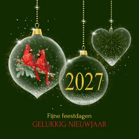 Nieuwjaarskaart glasballen met kardinaalsvogel