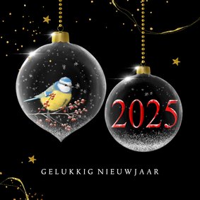 Nieuwjaarskaart glazen kerstballen met jaartal