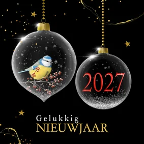 Nieuwjaarskaart glazen kerstballen met jaartal