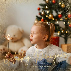 Nieuwjaarskaart grote foto gouden rand gelukkig nieuwjaar