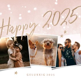 Nieuwjaarskaart happy 2025 met 3 foto's en waterverf sneeuw