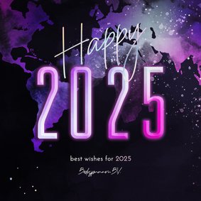 Nieuwjaarskaart happy 2025 wereldkaart in neonkleuren