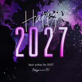 Nieuwjaarskaart happy 2027 wereldkaart in neonkleuren