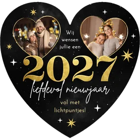 Nieuwjaarskaart hartvorm sterren vuurwerk foto goud 2027