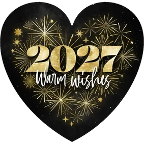 Nieuwjaarskaart hartvorm vuurwerk goud warm wishes 2027