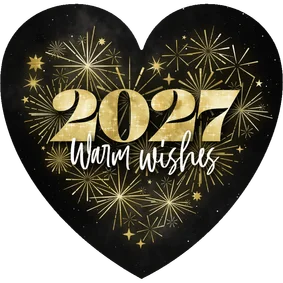 Nieuwjaarskaart hartvorm vuurwerk goud warm wishes 2027