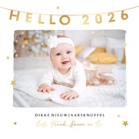 Nieuwjaarskaart hello 2026 foto sterren goud liefde