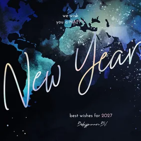 Nieuwjaarskaart internationaal wereldkaart in neonkleuren