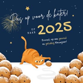 Nieuwjaarskaart kat oliebollen grappig 2025 kater sterren