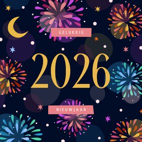 Nieuwjaarskaart kleurrijk vuurwerk 2026