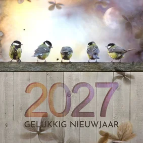 Nieuwjaarskaart koolmezen op houten schutting met maantje
