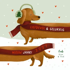 Nieuwjaarskaart liefdevol teckel sjaal oorwarmers sneeuw