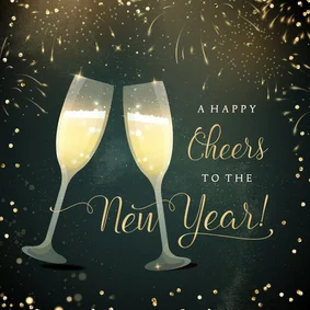 Nieuwjaarskaart met champagneglazen en goudlook typografie