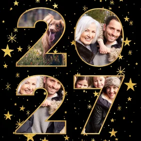 Nieuwjaarskaart met gouden sterren en 2027 fotocollage
