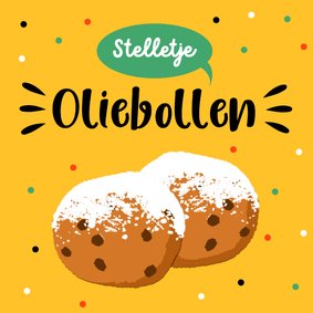 Nieuwjaarskaart met oliebol en confetti met gele achtergrond