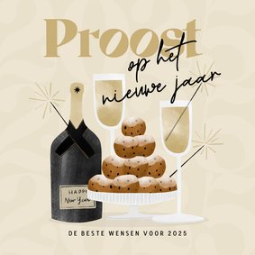 Nieuwjaarskaart proost nieuwe jaar champagne oliebollen