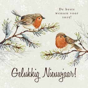 Nieuwjaarskaart roodborstjes sneeuw natuurlijk waterverf