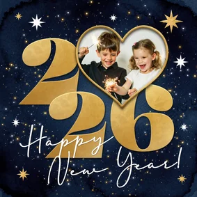 Nieuwjaarskaart sterren goud 2026 foto vuurwerk hart