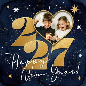 Nieuwjaarskaart sterren goud 2027 foto vuurwerk hart