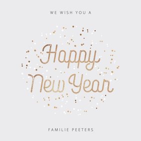 Nieuwjaarskaart typografisch met goudlook confetti