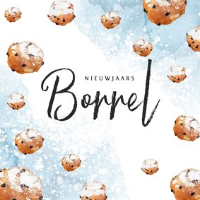 Nieuwjaarskaart uitnodiging borrel waterverf oliebollen