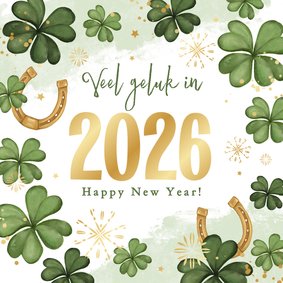 Nieuwjaarskaart veel geluk in 2026 klavertje vier hoefijzer
