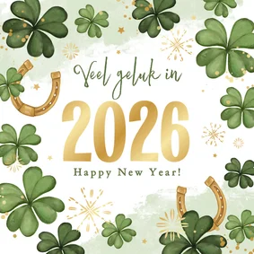 Nieuwjaarskaart veel geluk in 2026 klavertje vier hoefijzer
