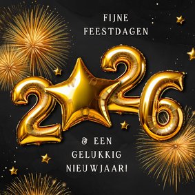 Nieuwjaarskaartje folieballonnen 2026 ster vuurwerk goud